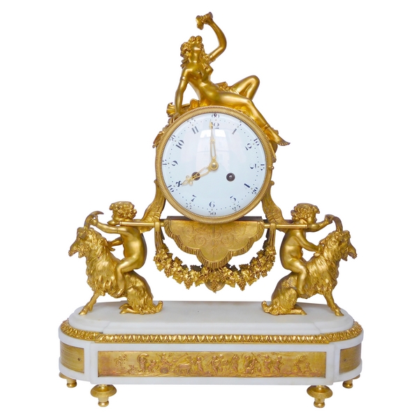 Louis XVI style ormolu and marble clock, bacchante and goats