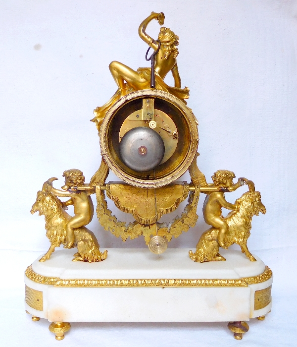 Louis XVI style ormolu and marble clock, bacchante and goats