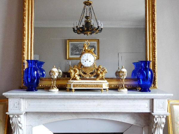 Louis XVI style ormolu and marble clock, bacchante and goats