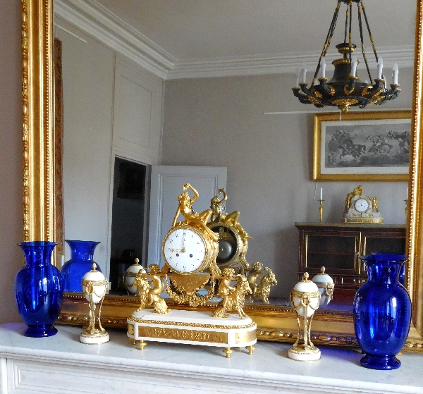 Louis XVI style ormolu and marble clock, bacchante and goats