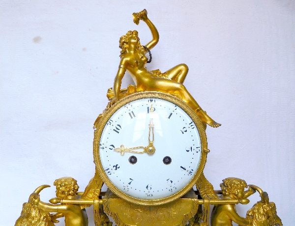 Louis XVI style ormolu and marble clock, bacchante and goats