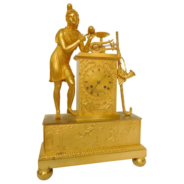  Grande pendule Empire en bronze doré au mercure, mythologie de Pâris et la pomme d'or - 50,5cm