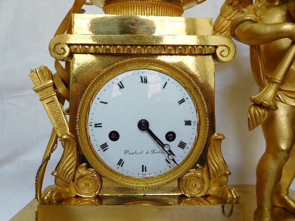 Empire ormolu clock, allegory of Love burning hearts - France early 19th century 