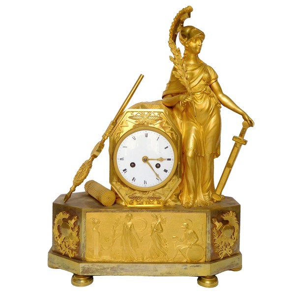 Pendule Empire en bronze doré au mercure - Athéna, allégorie de la guerre - vers 1805