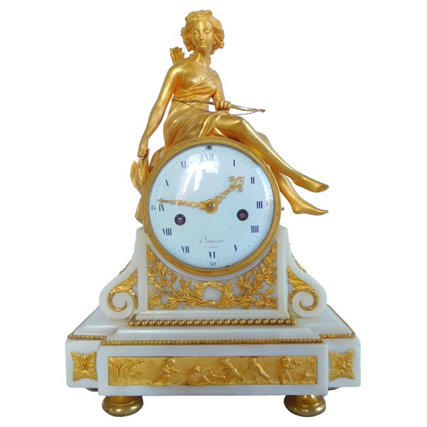 Louis XVI marble and ormolu clock : Roman huntress goddess Diana