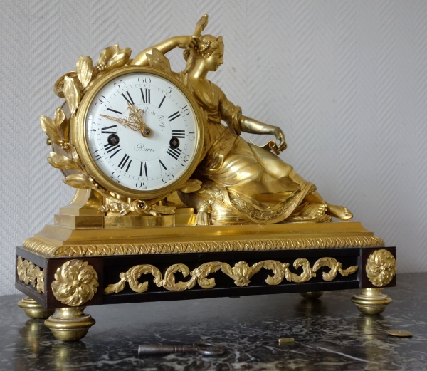 Louis XV ormolu clock, allegory of study and time signed Lepeaute, clock maker of the king - 18th century