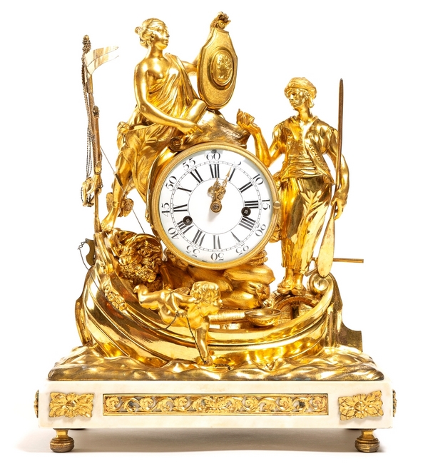 Pendule de l'allégorie du commerce maritime en bronze doré et marbre - époque Louis XV