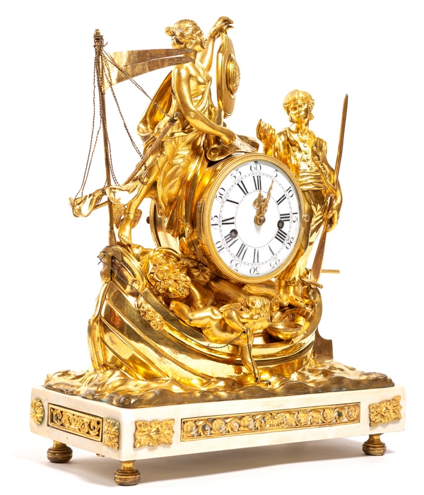 Pendule de l'allégorie du commerce maritime en bronze doré et marbre - époque Louis XV