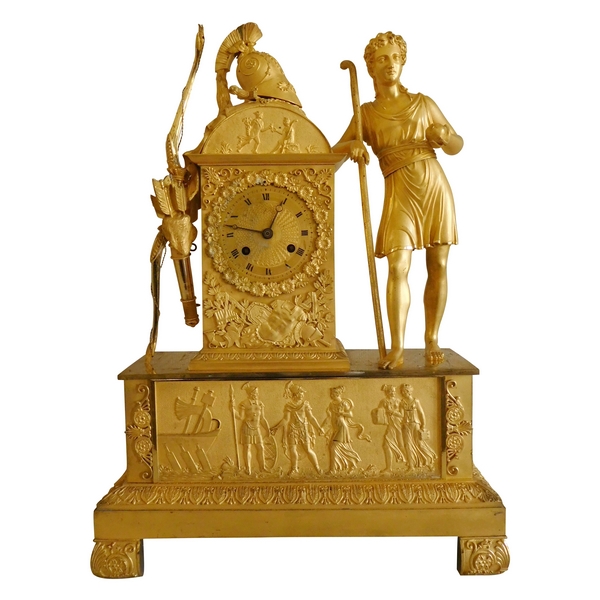 Grande pendule Empire en bronze doré au mercure, mythologie de la pomme d'or / Guerre de Troie