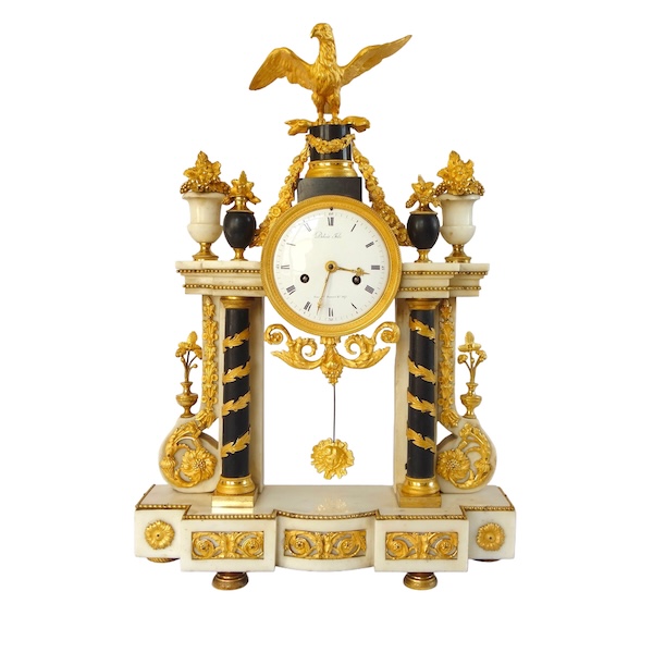 Pendule portique d'époque Louis XVI en bronze doré au mercure et marbre - 52cm