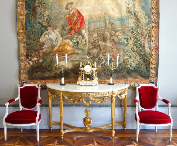 Pendule portique d'époque Louis XVI en bronze doré au mercure et marbre - 52cm