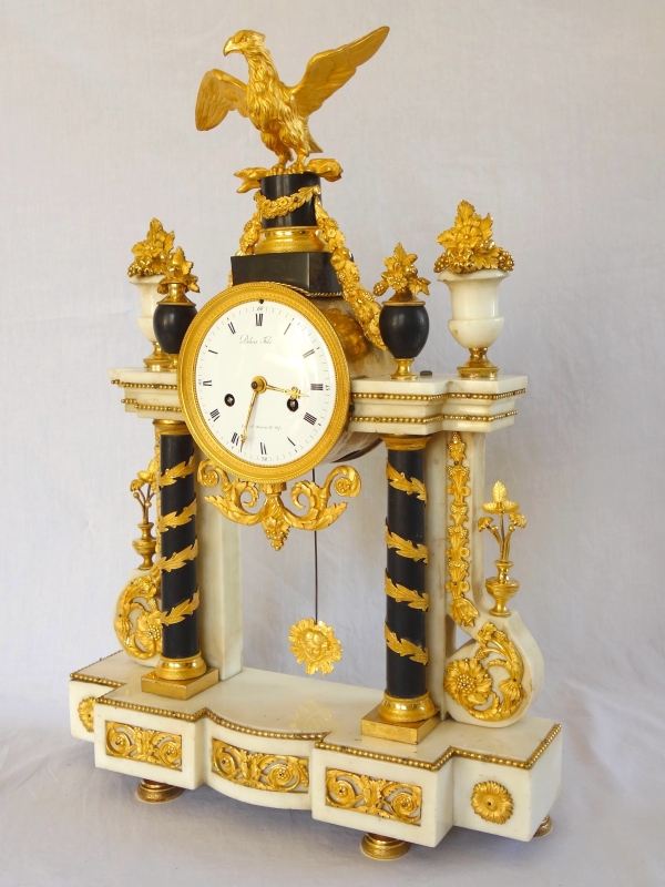 Pendule portique d'époque Louis XVI en bronze doré au mercure et marbre - 52cm