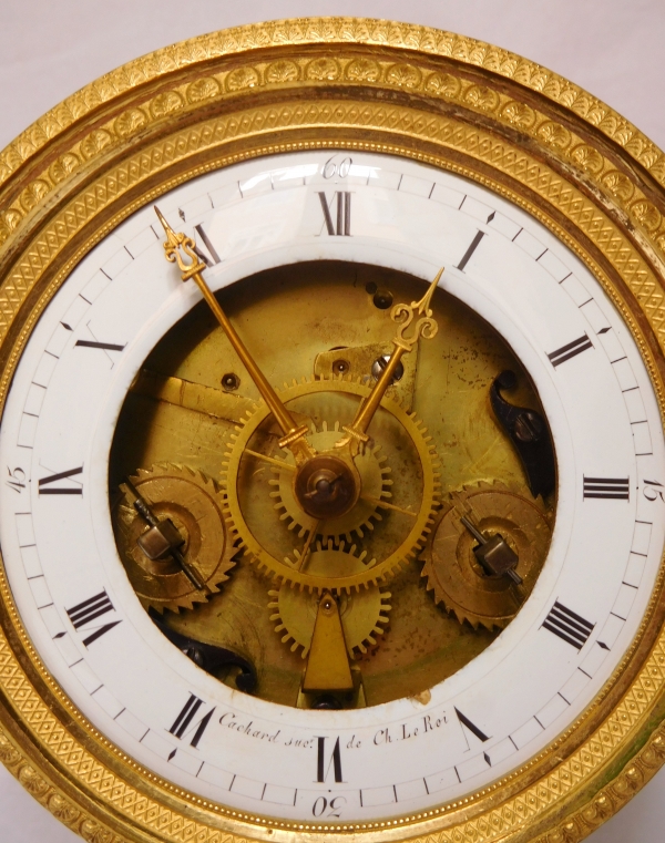 Ormolu and portor marble skeleton clock signed Cachard, late 18th century