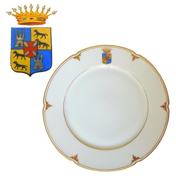 Set of 12 porcelain table plates, coat of arms of Counts of Castelnau - 19th century