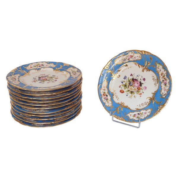 12 porcelain turquoise gilt dessert plates set, Jacob Petit