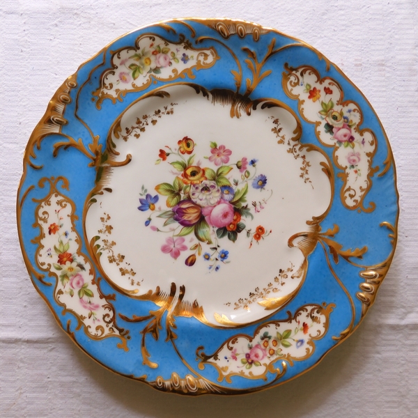 12 porcelain turquoise gilt dessert plates set, Jacob Petit