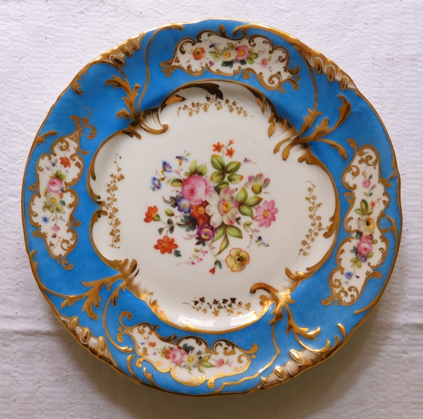 12 porcelain turquoise gilt dessert plates set, Jacob Petit