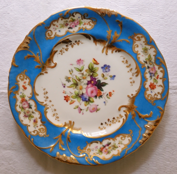 12 porcelain turquoise gilt dessert plates set, Jacob Petit