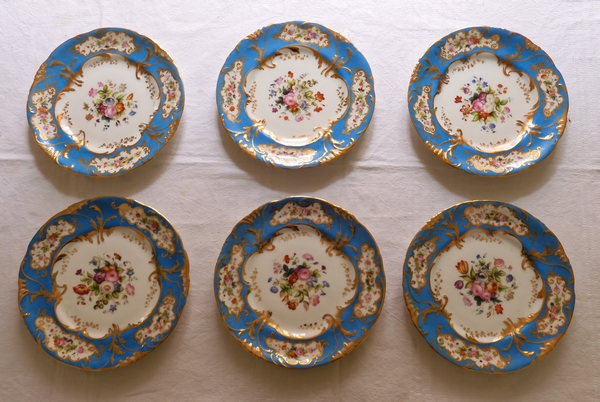 12 porcelain turquoise gilt dessert plates set, Jacob Petit