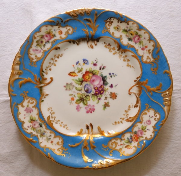 12 porcelain turquoise gilt dessert plates set, Jacob Petit