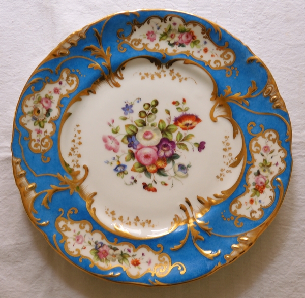 12 porcelain turquoise gilt dessert plates set, Jacob Petit