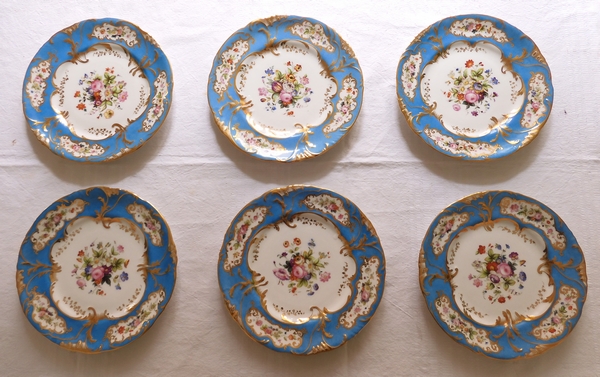 Jacob Petit : service à dessert - 12 assiettes en porcelaine bleu turquoise, bouquets de fleurs et or