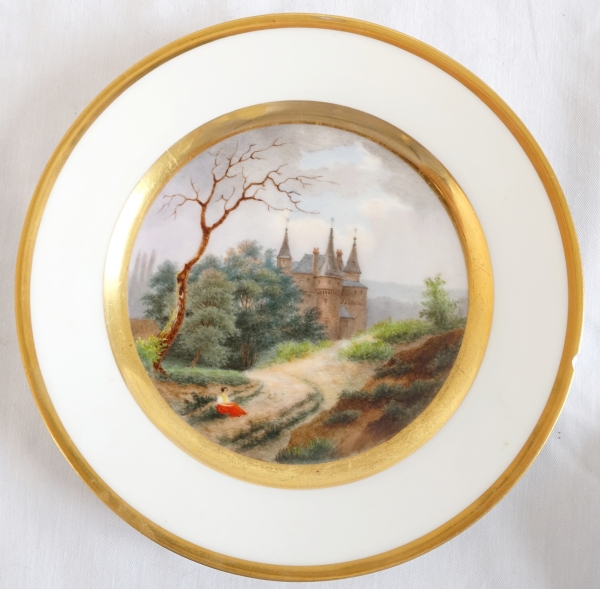 Suite de 4 assiettes à dessert tableaux sur porcelaine de Paris - époque 1840