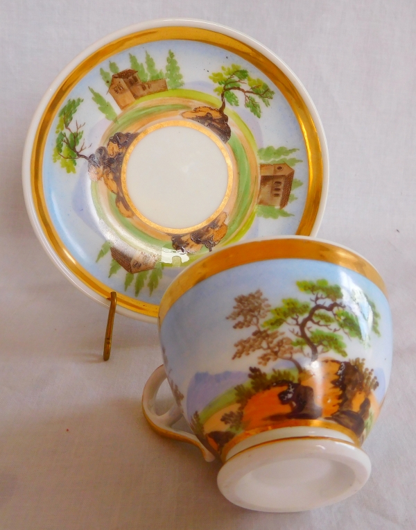 Service de 4 tasses à café Empire à paysages tournants en porcelaine de Paris