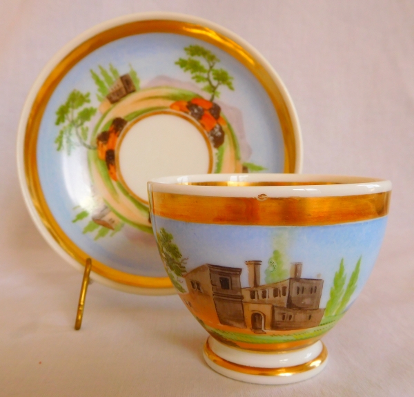 Service de 4 tasses à café Empire à paysages tournants en porcelaine de Paris