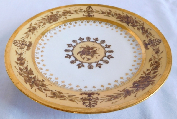 Manufacture Schoelcher : série de 6 assiettes de table Empire porcelaine vanille & or - signées