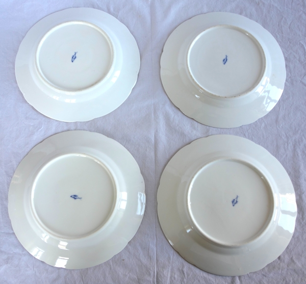 Manufacture de Nyon : 8 assiettes de table en porcelaine polychrome & or, époque XVIIIe siècle