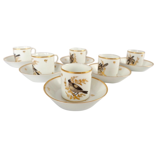 Brussels porcelain coffee set : 6 coffee cups gilt with fine gold and polychromatic birds circa 1800