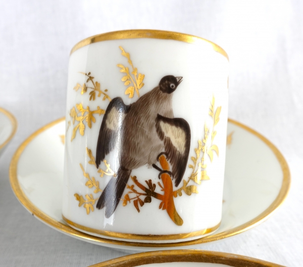 Brussels porcelain coffee set : 6 coffee cups gilt with fine gold and polychromatic birds circa 1800