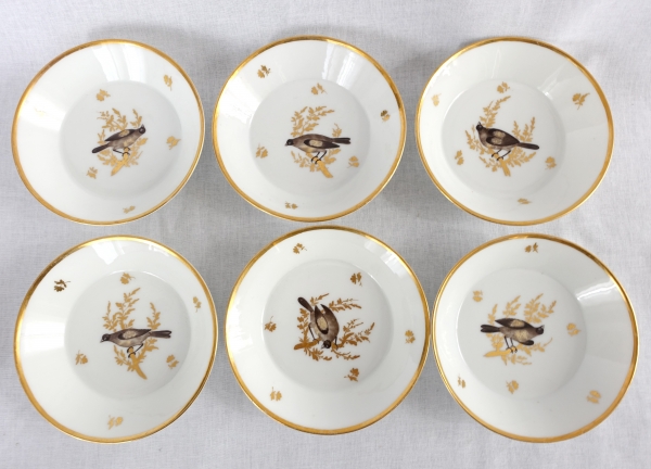 Brussels porcelain coffee set : 6 coffee cups gilt with fine gold and polychromatic birds circa 1800