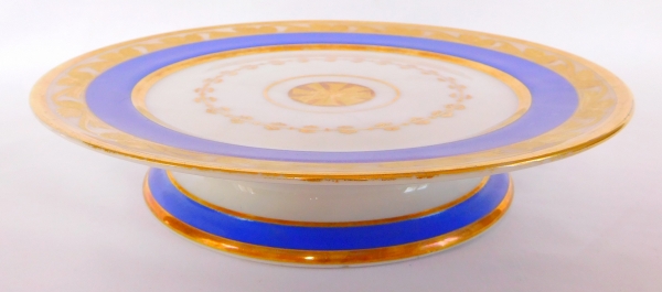 Assiette montée Empire en porcelaine bleue et or, Manufacture Schoelcher