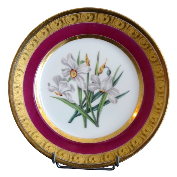 Manufacture Schoelcher : assiette en porcelaine polychrome & or, époque Restauration - signée