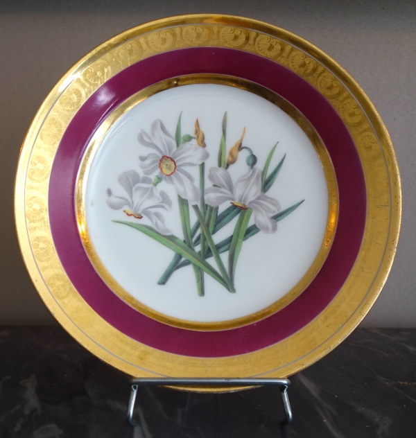 Manufacture Schoelcher : assiette en porcelaine polychrome & or, époque Restauration - signée