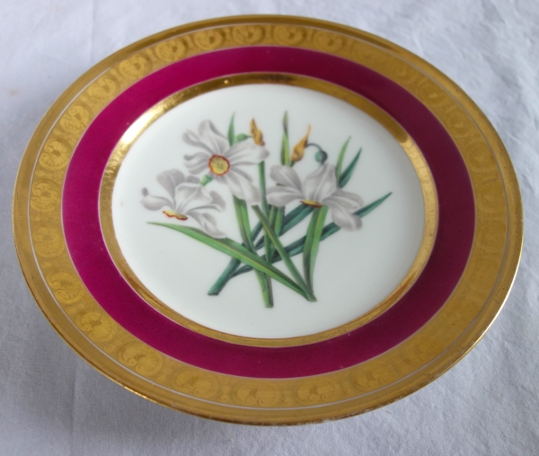 Manufacture Schoelcher : assiette en porcelaine polychrome & or, époque Restauration - signée