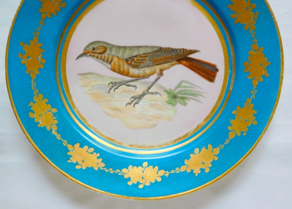 Sèvres 1867 : assiette en porcelaine polychrome et dorée à l'or, décor de moineau d'après Buffon, époque XIXe