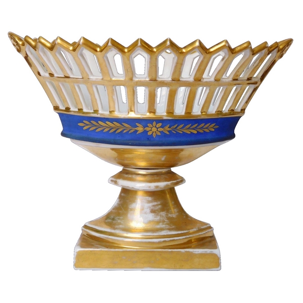 Coupe ajourée en porcelaine de Paris bleu et or d'époque Empire / Restauration