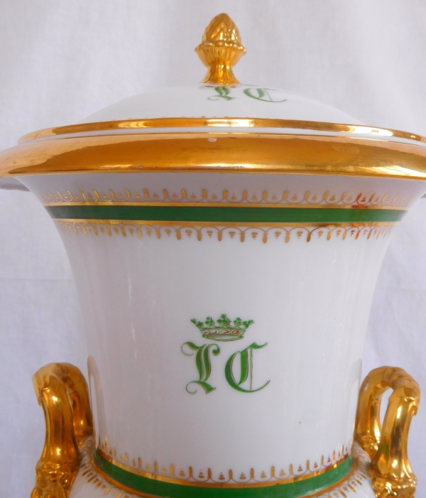 Tall Empire Paris porcelain vase - JC monogram and crown of Marquis - early 19th century