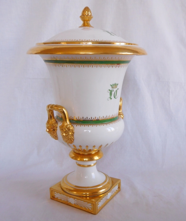 Tall Empire Paris porcelain vase - JC monogram and crown of Marquis - early 19th century