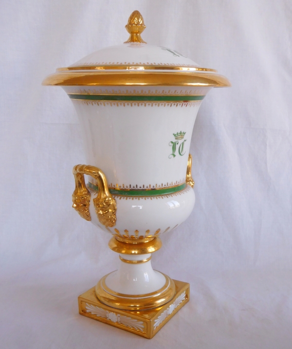 Grand vase glacière Empire en porcelaine de Paris - monogramme et couronne de Marquis