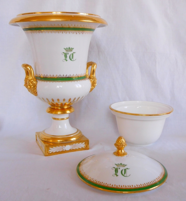 Tall Empire Paris porcelain vase - JC monogram and crown of Marquis - early 19th century