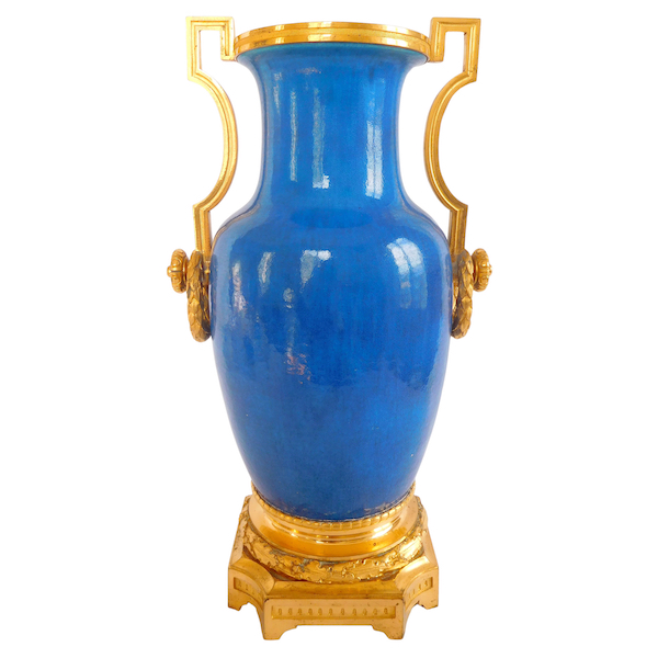 Tall ornamental Louis XVI style turquoise porcelain and ormolu vase, 19th century production