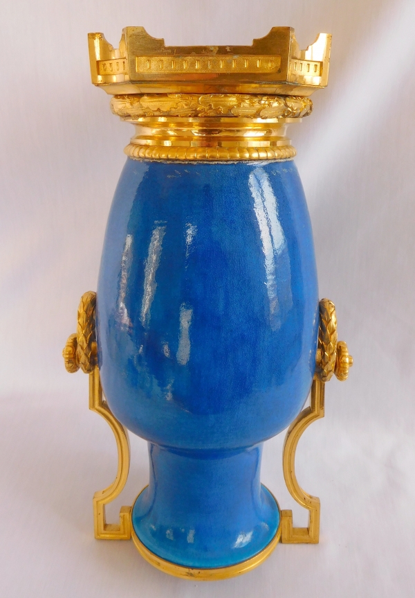 Tall ornamental Louis XVI style turquoise porcelain and ormolu vase, 19th century production