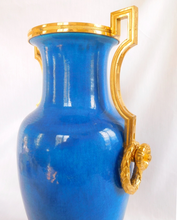 Tall ornamental Louis XVI style turquoise porcelain and ormolu vase, 19th century production