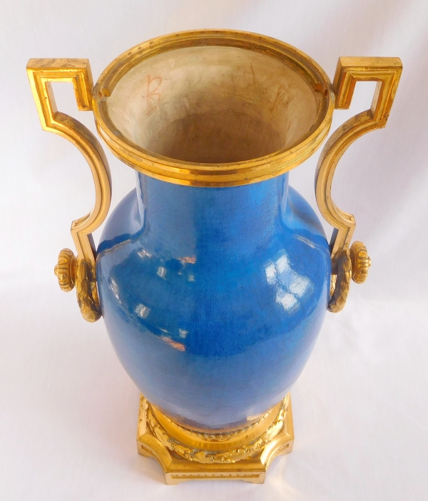 Tall ornamental Louis XVI style turquoise porcelain and ormolu vase, 19th century production