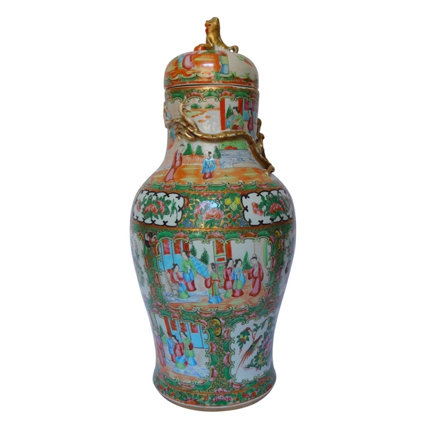 Grand vase / potiche 47cm en porcelaine de Canton, Chine, époque fin XIXe siècle