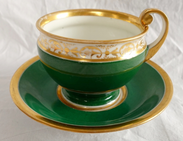Paris Porcelain chocolate cup, green background enhanced with fine gold - attributed to Nast